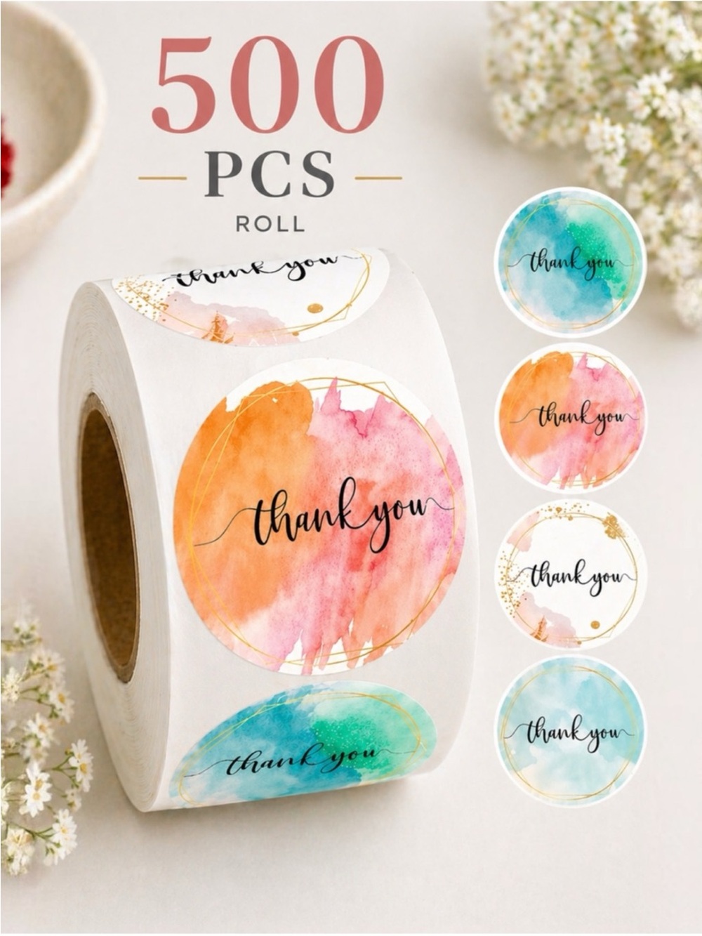 500 Thank You Stickers Roll 1” Round Packaging Labels Small Business NWT